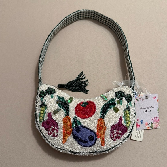 Handcrafted in India Handbags - Handcrafted in India Beaded Bag Vegetables with Gingham Interior